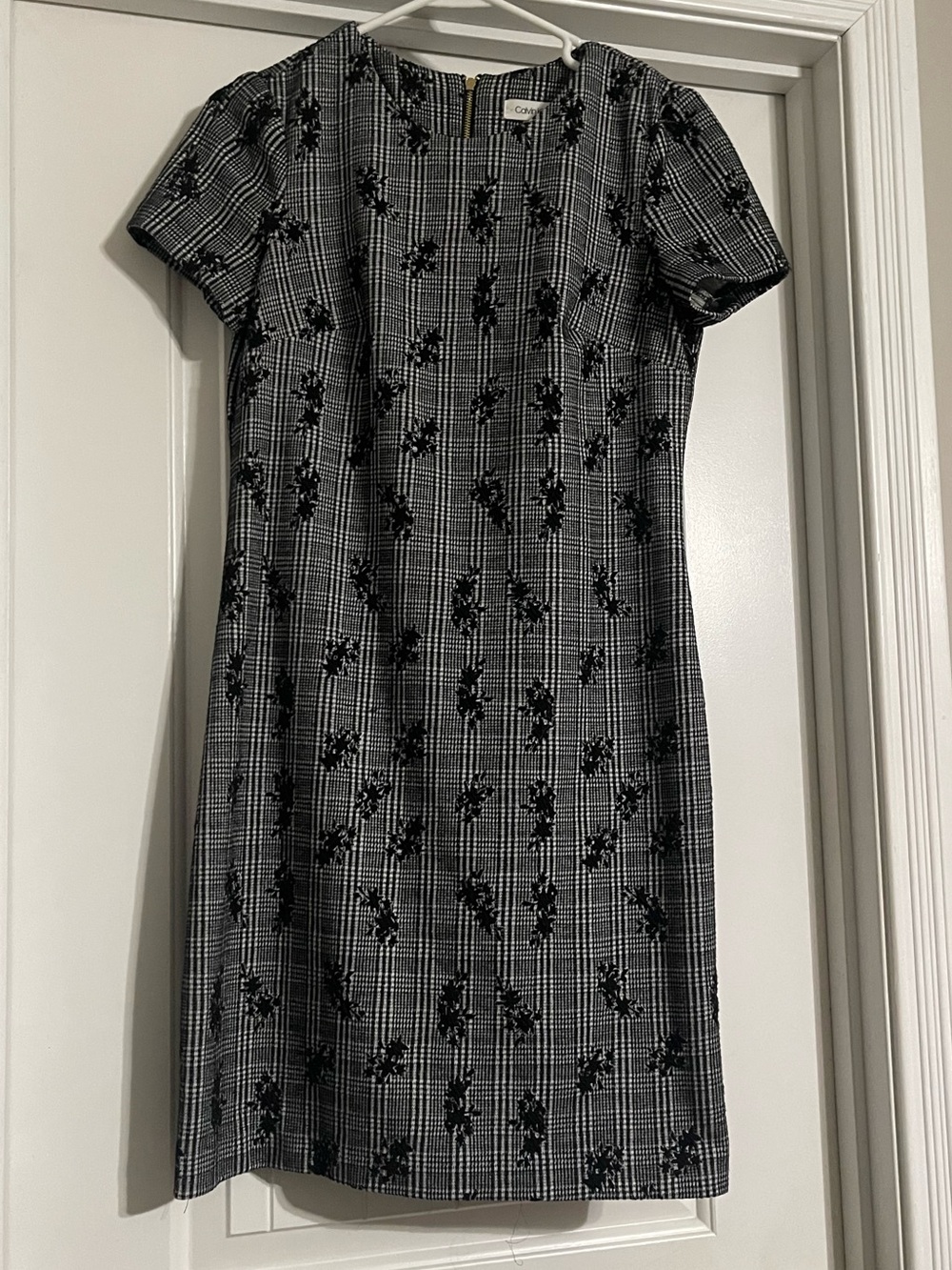 Calvin Klein Black and White Plaid Floral Shift Dress